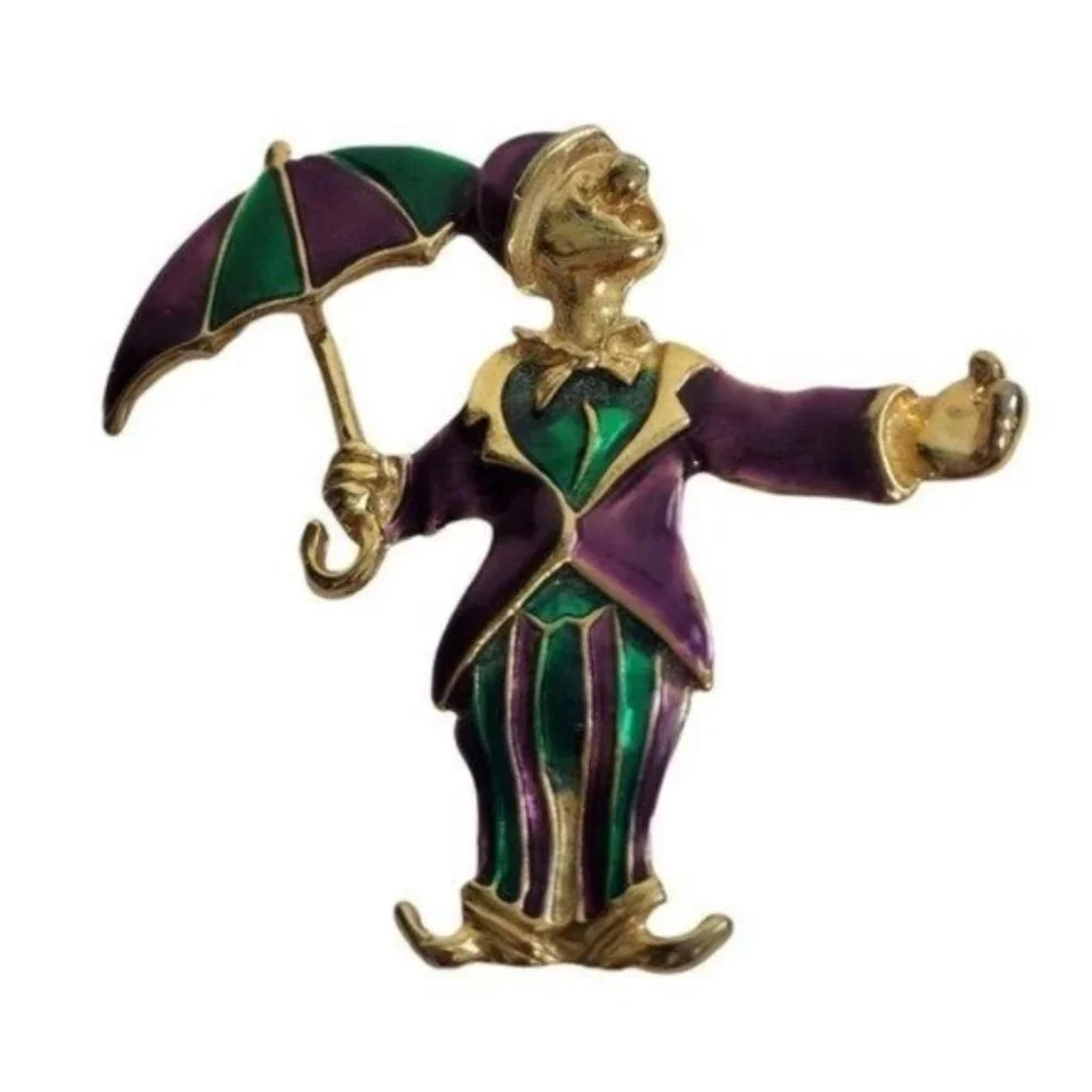 Vintage Clown with Umbrella Enameled Brooch 1950's‎ Gold Tone Colorful Purple